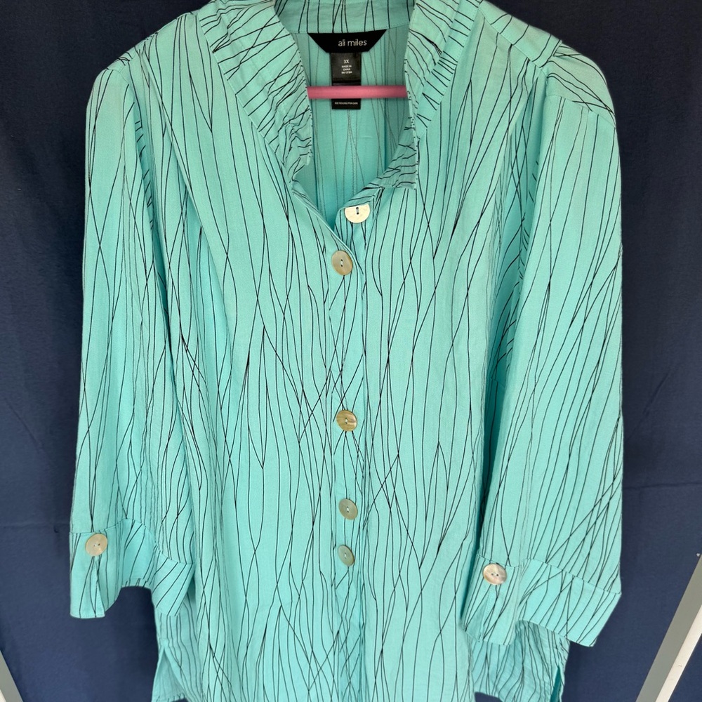 Ali Miles Aqua Button-Down Shirt with Dark Lines